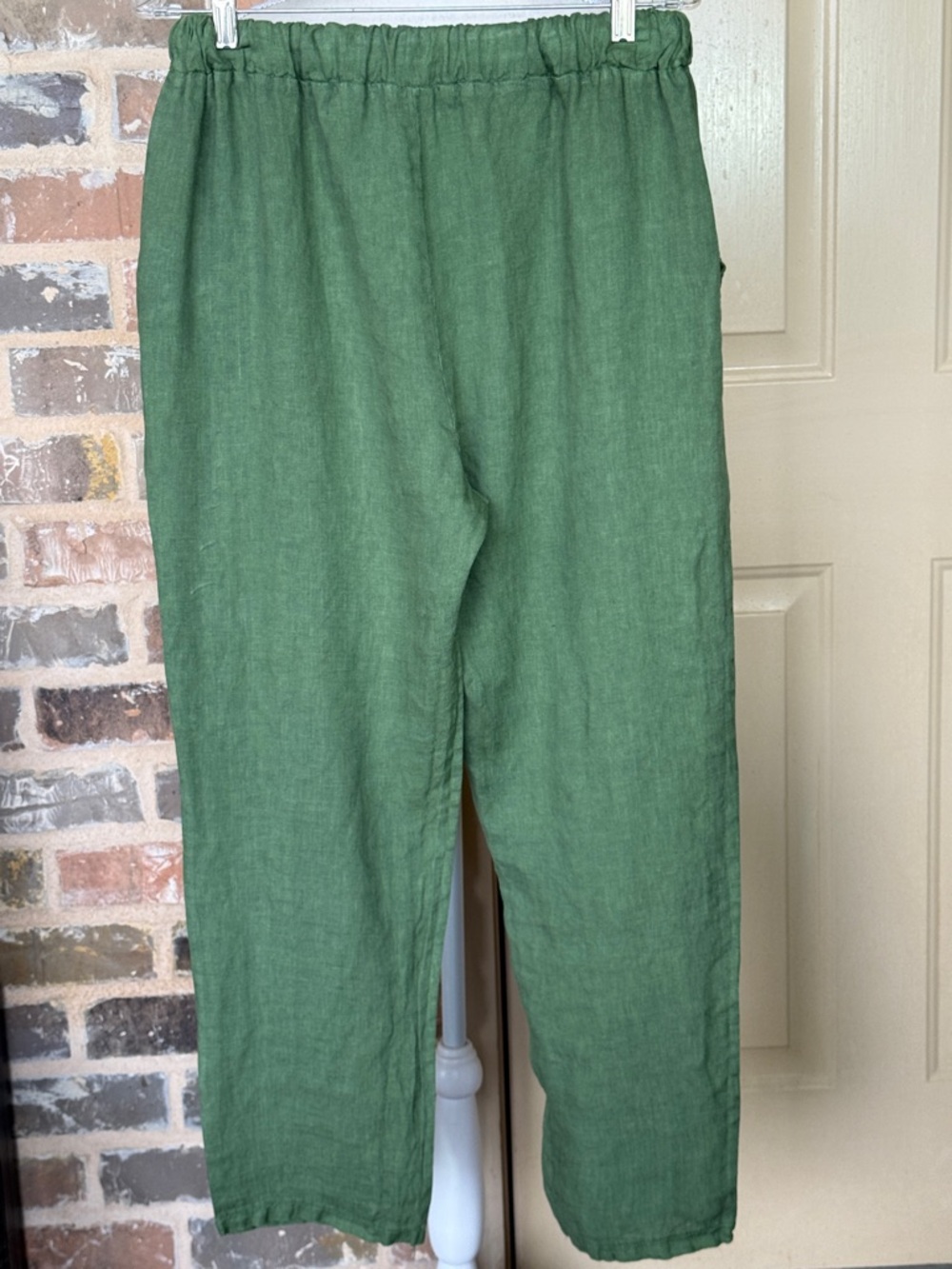 Italian Linen Casual Drawstring Pants Ivy Green Elastic Waist - Picture 2 of 6